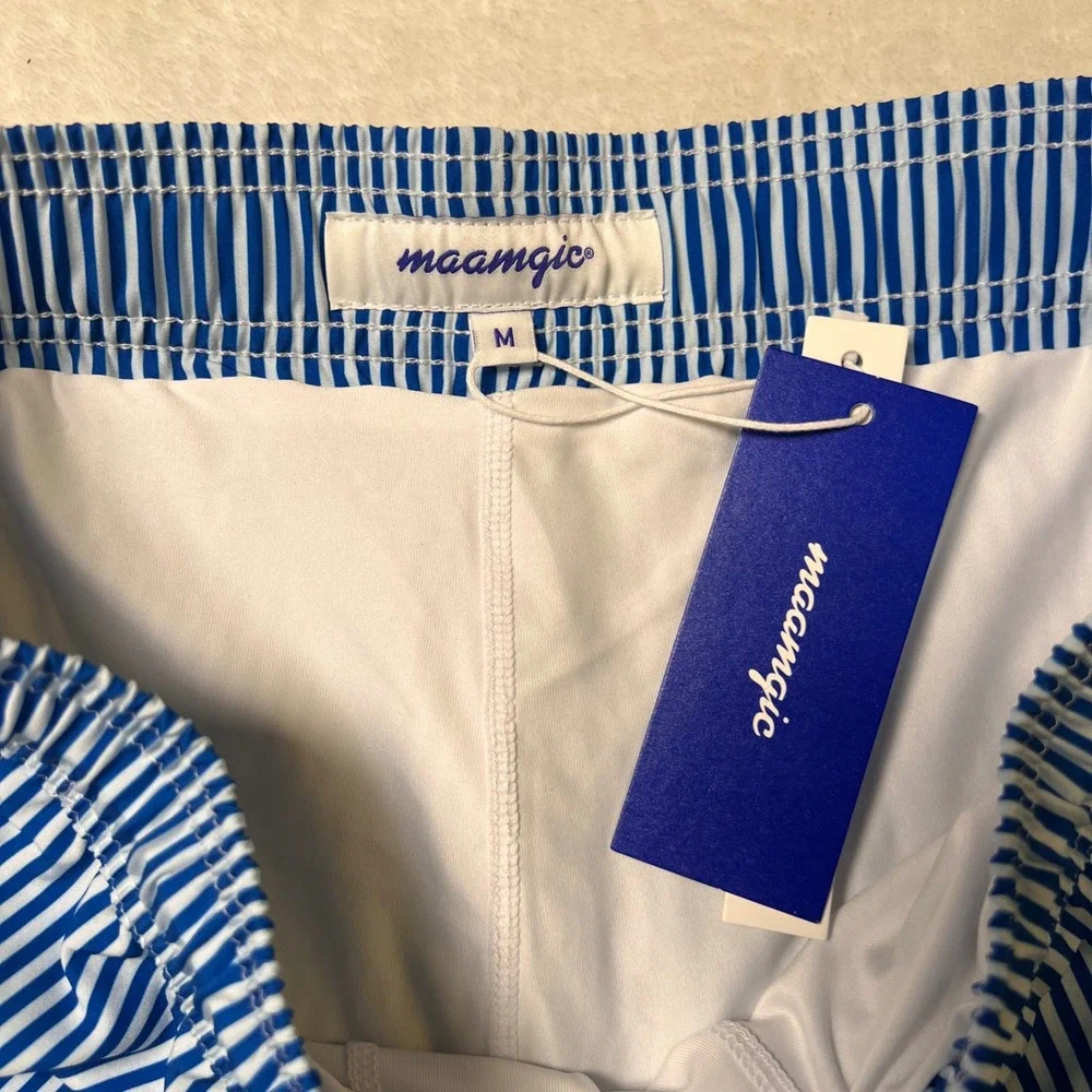NWT Maamgic Men's Swim Trunks Compression Medium Blue Striped Zip Pockets Beach